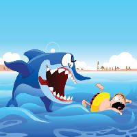 Pixwords Com a imagem tubarão, natação, homem, ataque, praia, areia, mar, água Zuura - Dreamstime